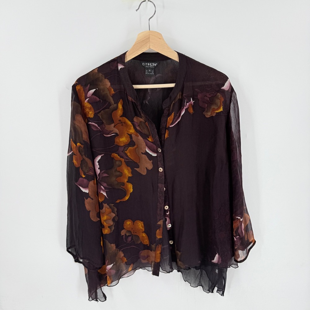 Citron Santa Monica Blouse Brown 1X Floral 100% Silk Chiffon Sheer Art to Wear